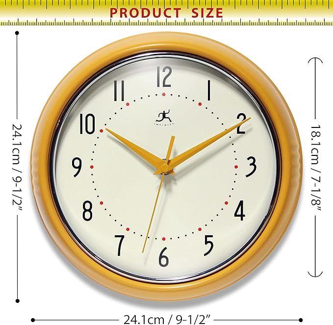 Infinity Instruments Retro 9 inch Silent Sweep Non-Ticking Mid Century Modern Kitchen Diner Wall Clock Quartz Movement Retro Wall Clock Decorative (Saffron Yellow)