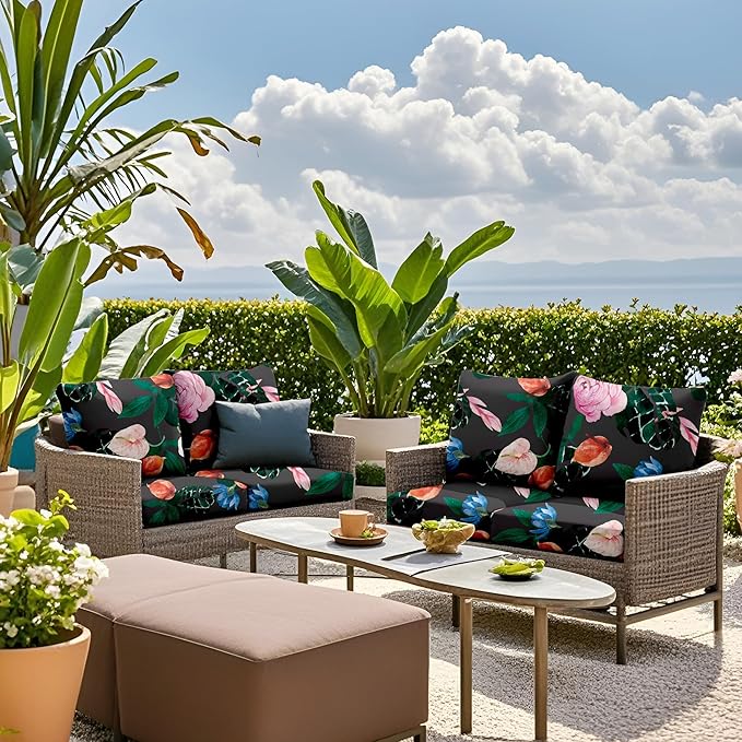 8Pcs Stretch Patio Cushion Covers Waterproof Outdoor Cushion Covers Patio Couch Cover Slipcovers, for Outdoor Furniture Protector Covers Replacement(Cover Only) (Flowers)