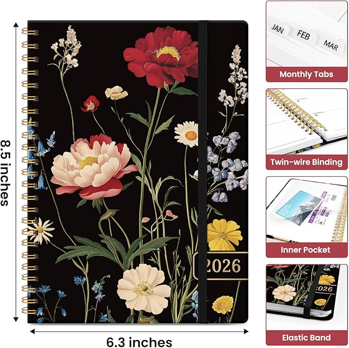 2026 Planner, Monthly and Weekly Calendar Planner for Women, January 2026 - December 2026, Hardcover Pretty 2026 Agenda Planner Book with Tabs, Spiral Bound, Perfect for School Office Home Supplies, 6.3" x 8.5" - Peony Bloom