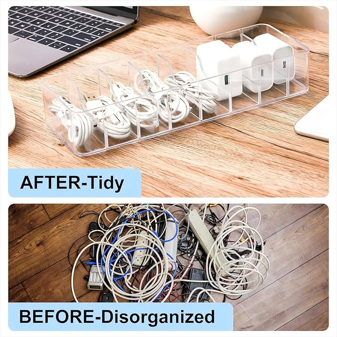 Tatuo 8 Pcs Cable Organizer with 80 Wire Ties, Plastic Cord Storage Charger Box Electronics Organizer with Adjustment Compartments Cable Storage for Drawer Home Office Desk Accessories (Clear)
