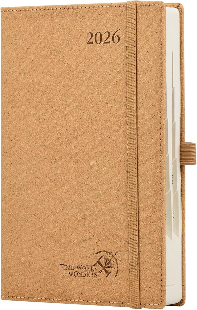 POPRUN 2026 Recycled Daily Planner 12 Months (A5 Medium Size 5.75'' x 8.5'') - One Page Per Day Calendar Hourly Appointment Book with Italian Regenrated Leather, Monthly Tabs, Pocket - Desert Brown