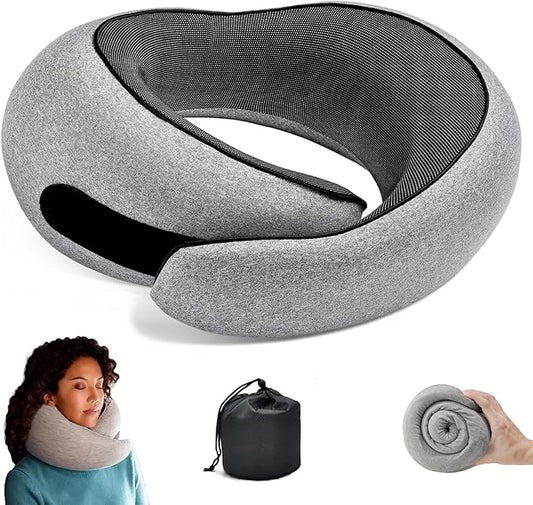 Travel Neck Pillows for Airplanes - Memory Foam Travel Pillow, 360° Ergonomic Neck Support, Compact Design Ideal for Airplane, Car Rides, Office (Gray)