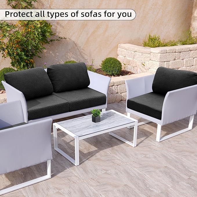 8Pcs Stretch Patio Cushion Cover Outdoor Cushion Cover Replacement Slipcovers Outdoor Cushion Covers Thick Jacquard Textured Twill Fabric Porch Patio Furniture Protector(Black，Cover，Only)