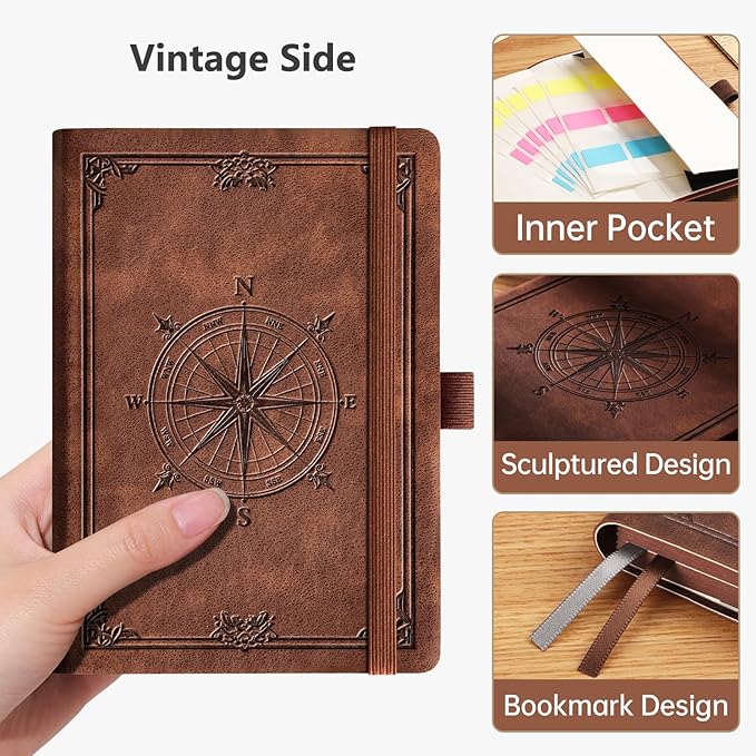 AHGXG Small Blank Pocket Journal Notebook for Men - 256 Numbered Pages B6 Mini Journal, Vintage Soft Leather Hardcover, 80gsm Paper, for Women Work Office School, 4.1'' X 5.7''- Brown