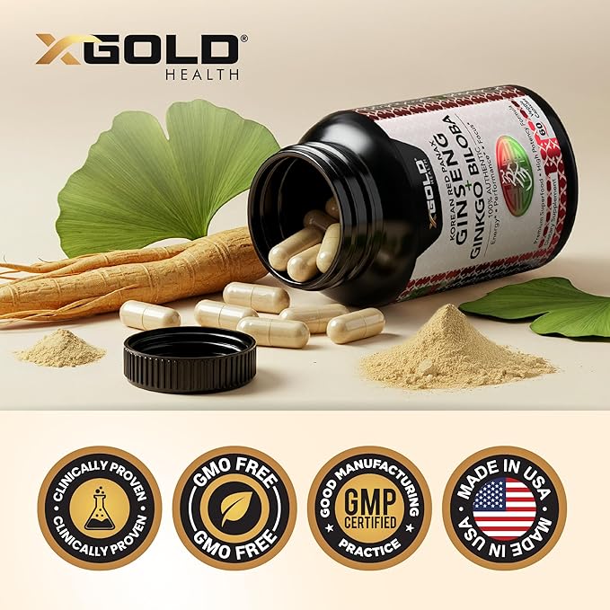 Korean Red Panax Ginseng 1200mg + Ginkgo Biloba - Extra Strength Root Extract Powder Supplement w/High Ginsenosides Vegan Capsules for Energy, Performance & Focus - Supplement for Men & Women