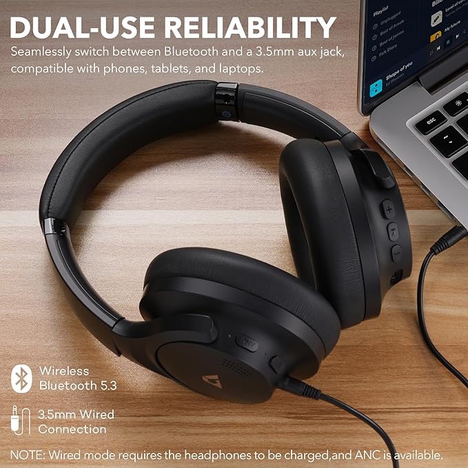 1Mii Y8+ Noise Cancelling Headphones Bluetooth, Wireless LDAC Hi-Res Audio, Custom EQ via App, 75H Playtime, Comfort Fit, Over Ear Headphones Foldable for Airplane Travel Home Office Black