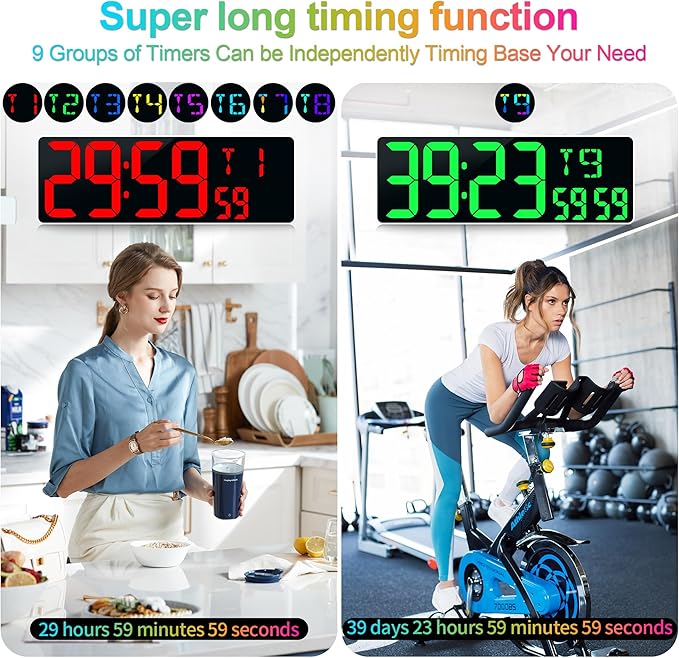 Large Digital Wall Clock Large Display 17.2" Big Digital Timer with 9 Groups Timer Remote Control for Gym Classroom 10 Colors Available for LED Wall Clock with Temperature Date Week DST Dynamic RGB