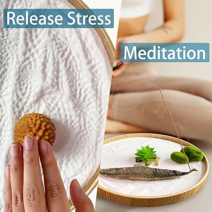 Japanese Zen Garden Kit for Desk, Bamboo Sand Garden Meditation Therapy Tray Gift Set, Mini Zen Décor Office Desktop Accessories - 2 Textured Spheres, Incense with Holder