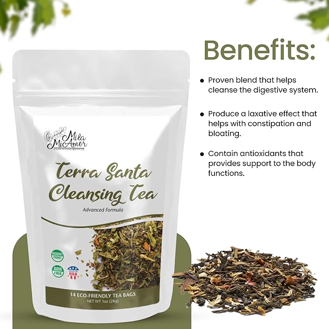 Milamiamor Terra Santa Cleansing Tea – Herbal Detox, Digestive Relief & Bloating Reduction, Proven Laxative Blend with Antioxidants for Digestive Cleanse & Natural Detox, Made in USA, 14 Tea Bags