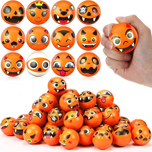 Libima 60pcs Halloween Face Stress Balls Bulk 2 Inch Foam Face Squeeze Balls Mini Orange Funny Stress Relief Ball for Kids Adults Coworkers Relief Squeeze Finger Exercise School