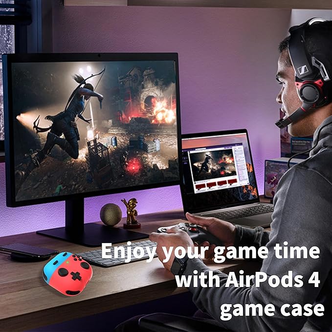 DamonLight Game Case for AirPods 4 Cover Shock-Proof Protective Silicone Case with Cleaning Pen and Keychain Accessories for Apple Airpods 4th Generation (Red & Blue)