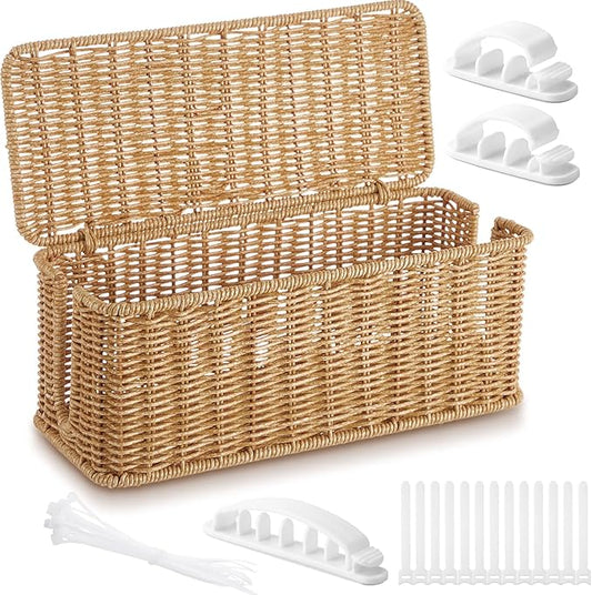 Marsui Cable Management Box Synthetic Rattan Cord Organizer Box Cable Hider Box Storage Wire Box with 2 Open Slots for Home Office Desk Computer TV Wires USB Hub (Medium, 1)