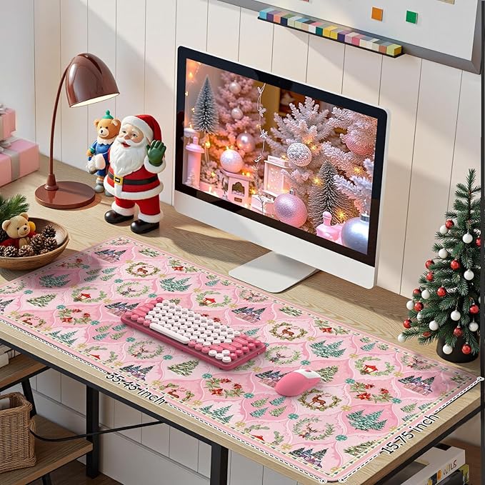 iCasso Christmas Desk Mat, Pastel Pink Mouse Pad, Desk Protector Mat, Extra Large Office Matt for Desktop, Anti-Slip XXL Big Mousepad with Stitched Edges for Computer Keyboard