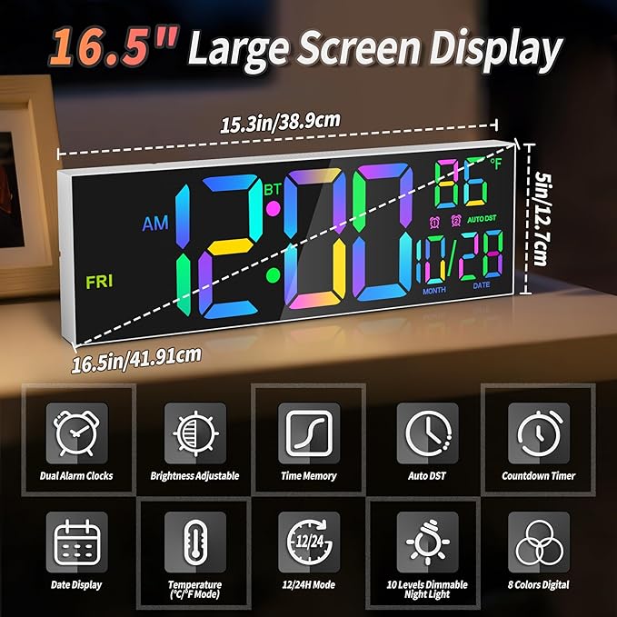 16.5" Large LED Wall Clock with Bluetooth Sync, Night Light, DST, 2 Alarms, RGB Color, Temperature, Remote Control, 12/24H, Timer for Living Room, Bedroom, Desk, Gift for Mother Father Elderly