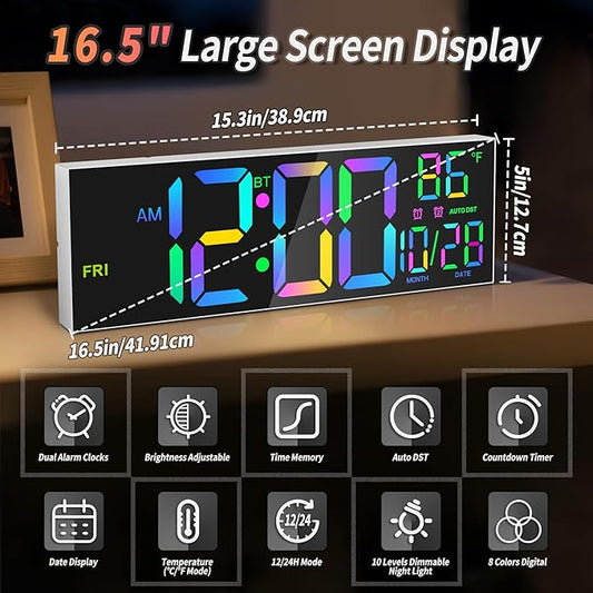 16.5" Large LED Wall Clock with Bluetooth Sync, Night Light, DST, 2 Alarms, RGB Color, Temperature, Remote Control, 12/24H, Timer for Living Room, Bedroom, Desk, Gift for Mother Father Elderly