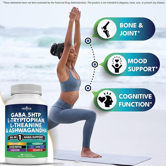NEW AGE GABA 750mg 5 HTP 200mg L Tryptophan 500mg L Theanine 200mg Ashwagandha SAM-e L-Glycine - Vitamins for Women and Men with L-Tyrosine 5-HTP (5-Hydroxytryptophan) - 270 Count