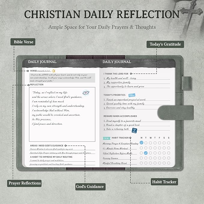 Ospelelf Green Faux Leather Prayer Journal - Christian Gift Journal for Women & Men, Daily Devotional Planner Notebook for Bible Study, Gratitude & Reflection, Undated 3-Month