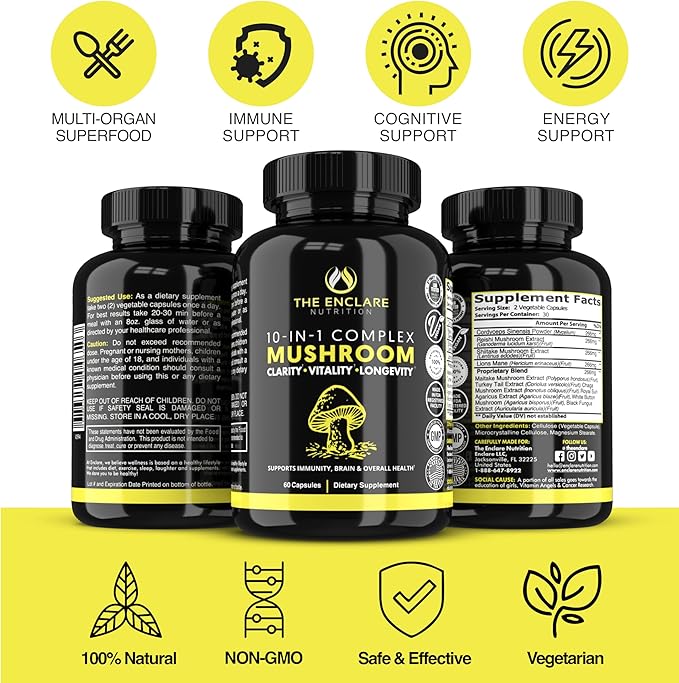 THE ENCLARE NUTRITION Mushroom Supplement for Immune Support, Energy, Nootropic Brain, Immunity Booster with Lions Mane, Reishi, Turkey Tail, Cordyceps, Chaga, Maitake, Shiitake, Agaricus (6)