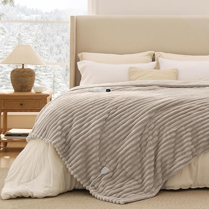 Bedsure Electric Blanket Twin - Thick Striped Flannel Electric Blanket, Heating with 10 Time Settings, 6 Heat Settings, and 8-Hour Timer Auto Shut Off, Gift for Grandma (62x84 inches, Linen)