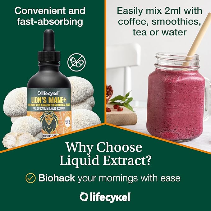 Life Cykel - Lion's Mane Mushroom Extract with Kakadu Plum - Brain Booster Nootropic for Memory, Focus & REM Sleep - Non-GMO, Organic Mushroom Tincture - 1 Fl Oz (15 Servings)