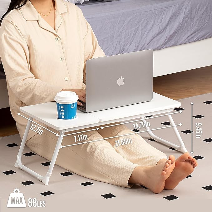 Laptop Desk for Bed Couch, Adjustable Foldable Bed Table with Cup Holder, Breakfast Serving Tray, Portable Laptop Lap Desk Stand for Working Reading Writing Eating Gaming in Bed Sofa Floor(White)