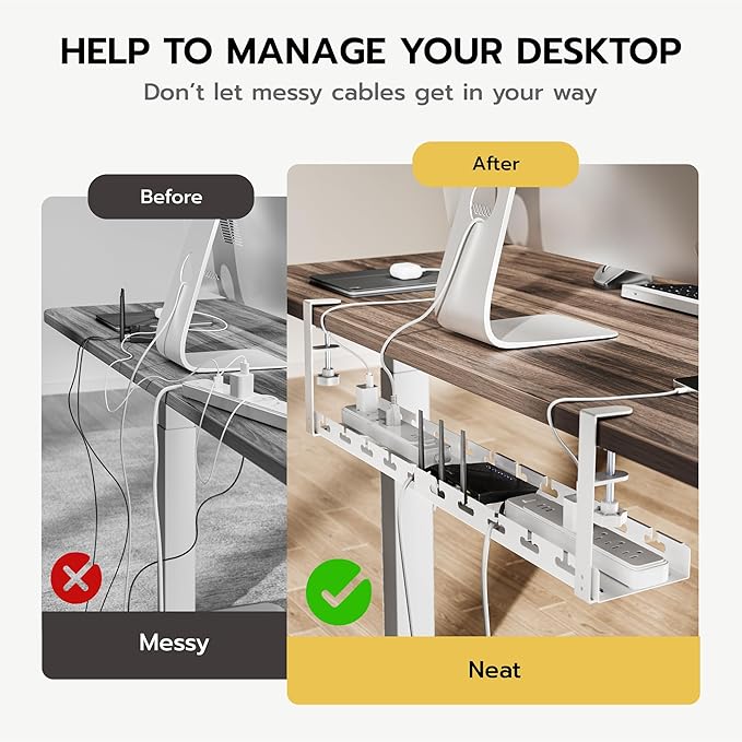 ARES WING 17"-28.7" Extendable Under Desk Cable Management Tray with Cable Slots, Clamp On Cord Organizer Holds Up to 11 lbs, White Metal Under Desk Storage for Office and Gaming Accessories