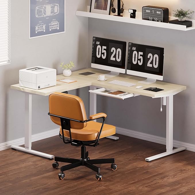 SANODESK L Shaped Standing Desk with Drawer, Adjustable Height Electric Corner Standing Desk, 63 x 55 inch Sit Stand Computer Table with Splice Board, Maple