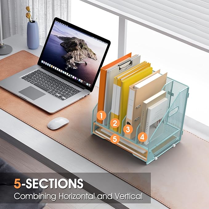 Desk File Folder Holder Organizer-4 Vertical Compartments Racks and Paper Letter Tray,Mesh Magazine File Holder Sorter,Desktop Accessories & Workspace Organizers for Home,Office,School-Blue