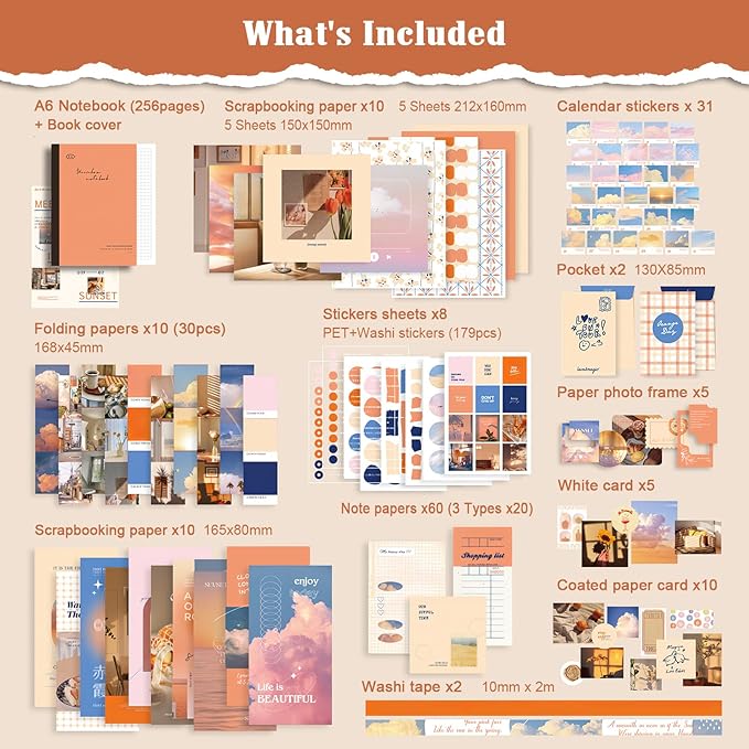 Scrapbooking Supplies Kit, 351pcs Bullet Junk Journal Kit with Journaling Supplies Aesthetic Scrapbook Paper A6 Grid Notebook, Scrapbook Kit, Art Craft DIY Gifts for Adult Teen Girl Kid Women, Sunset