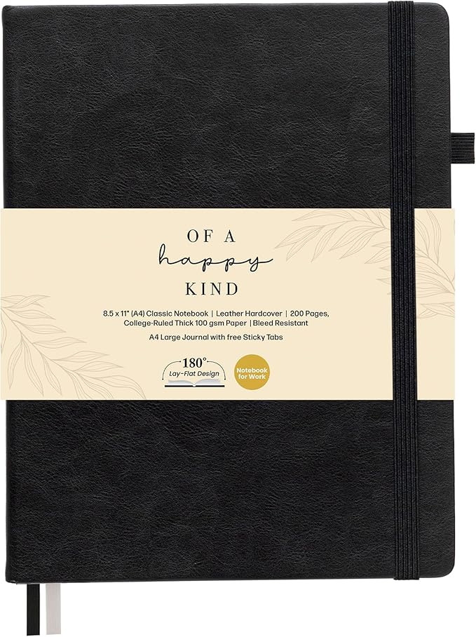 Classic Lined Journal Notebook 8.5x11" A4 Hardcover Leather - Black - 200 Pages College Ruled Large with Sticky Tabs, Pockets, and Pen Loop for Writing and Journaling - Big Hardback Men and Women