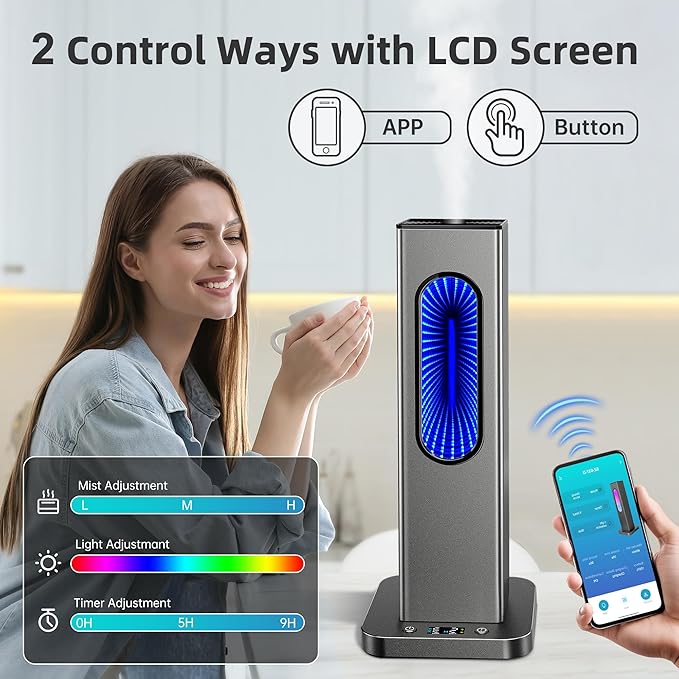 Waterless Essential Oil Diffuser, Rechargeable App Remote Control Scent Diffuser with LCD Screen, 1000 Sq Ft Coverage 3 Mist Levels Oil Diffuser with 7 LED Lights Timer for Hotel Home Office