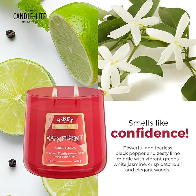 Candle-Lite Vibes Amber Floral Mood-Enhancing Scented Candles, 15 oz Jar, Aromatherapy, Proudly Poured in The USA, 2-Wick, 86 Hours Burn Time, Perfect Relaxation Gift