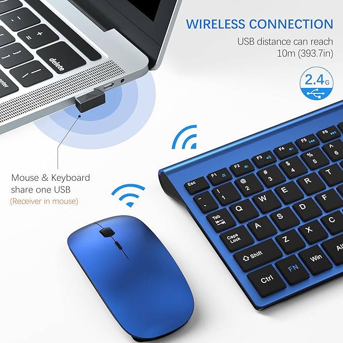 TopMate Wireless Keyboard and Mouse Ultra Slim Combo, 2.4G Silent Compact USB Mouse and Scissor Switch Keyboard Set with Cover, 2 AA and 2 AAA Batteries, for PC/Laptop/Windows/Mac - Blue Black