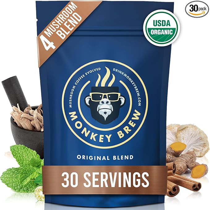 Monkey Brew Original - USDA Organic Mushroom Tea Drink - Non-Caffeinated Mushroom Coffee Alternative with Cacao Powder, Lion's Mane, Turkey Tail, Ashwagandha, Turmeric - Boosts Energy Focus & Immunity