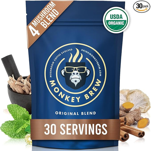 Monkey Brew Original - USDA Organic Mushroom Tea Drink - Non-Caffeinated Mushroom Coffee Alternative with Cacao Powder, Lion's Mane, Turkey Tail, Ashwagandha, Turmeric - Boosts Energy Focus & Immunity