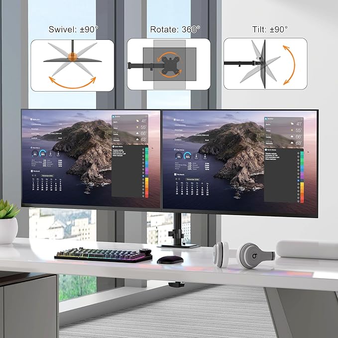 Pholiten Dual Monitor Stand, Heavy Duty Adjustable Monitor Arm Desk Mount for 2 Screens up to 42Inches, Tilt, Swivel, Rotate, Supports Tilt, Swivel, Rotate, Supports 22 lbs per Arm,Black