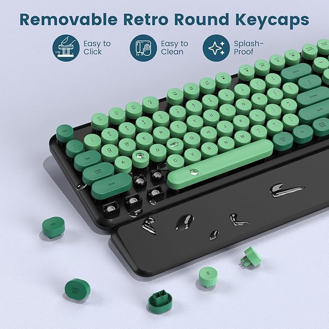 Wireless Keyboard and Mouse Combo-Round Keycaps, Full-Size Retro Typewriter Keyboard with Detachable Wrist Rest, Sleep Mode & Tilt Legs, 2.4GHz Cordless Connection for Mac/Windows/PC (Black & Green)