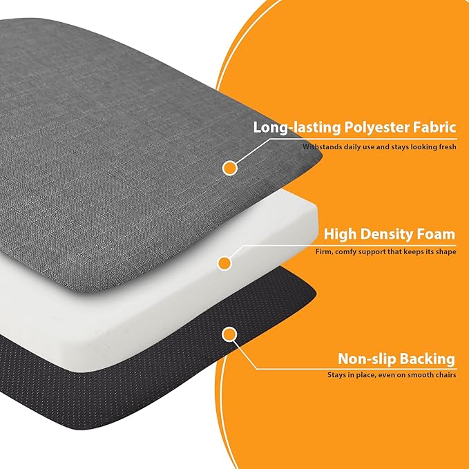 Chair Cushions for Dining Chairs, 2" Thick Seat Cushions for Kitchen Chairs, D-Shaped Chair Pads with Washable Cover, Ties and Non Slip Backing, 17'' x 16'', Set of 2, Dark Grey