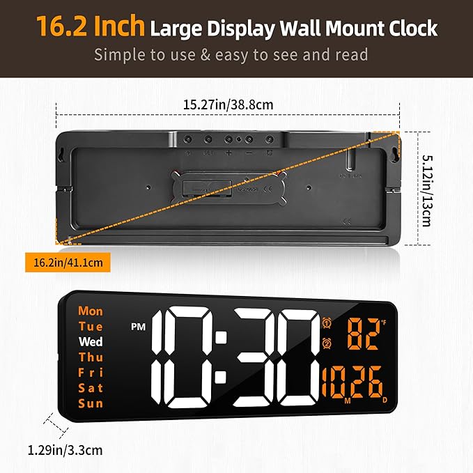 LEIKE 16.2'' Large Digital Wall Clock with Remote Control, Big LED/Dual Alarm/Auto Brightness/Date/DST/Temperature/Night Light Gym Clocks for Living Room Bedroom Office Classroom Wall Decor