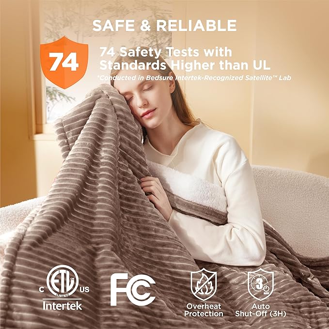 Bedsure GentleSoft Heated Blanket Throw - Soft Ribbed Flannel Electric Blanket, Heating with 4 Time Settings, 6 Heat Settings, and 3 hrs Timer Auto Shut Off, Gifts for Grandma (50x60 inches, Brown)