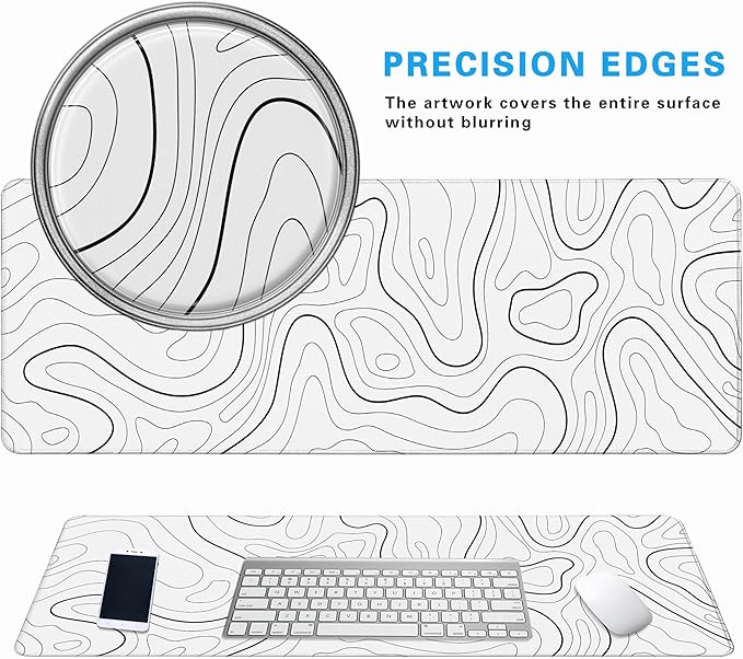 White Minimalist Topographic Map Mouse Pad - Contour Extended Large Stitch Edge Mousepad Black & White Non-Slip Gaming Desk Mat 31.5x11.8inch