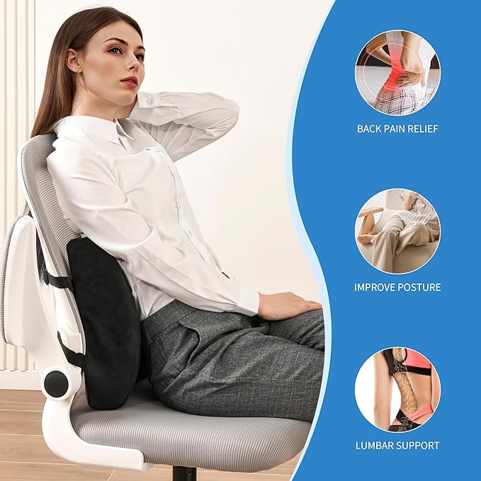 Lumbar Support Pillow - Gel Memory Foam Back Cushion for Lower Back Pain Relief & Improve Sitting Posture, Lumbar Support Cushion with Adjustable Strap & Non-Slip for Office Chair, Sofa, Car
