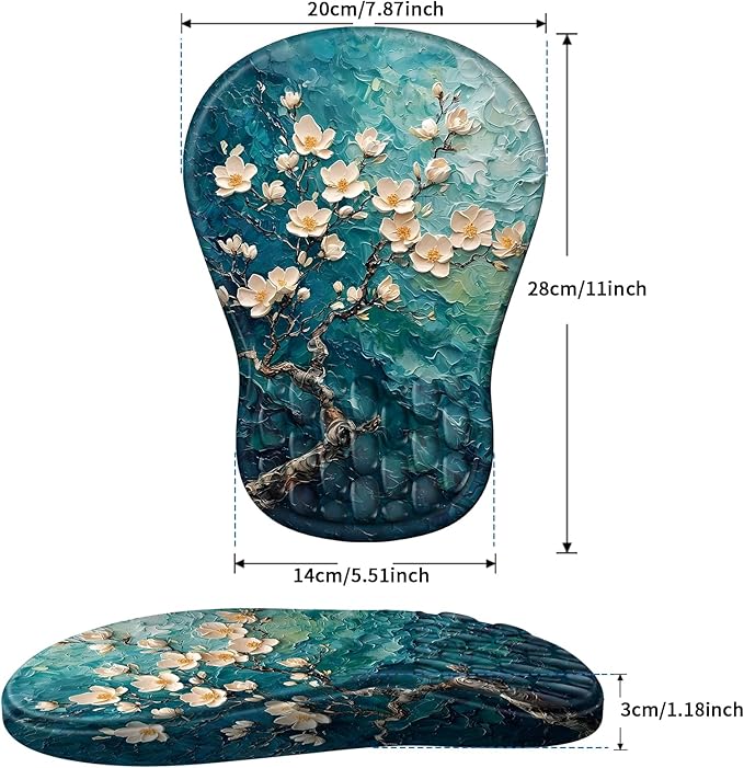 Ergonomic Mouse Pad with Wrist Rest Support, Mousepad with Comfortable Memory Foam Wrist Rest and Non-Slip PU Base for Pain Relief, Computer, Laptop, Office, Home (Plum Plossom)