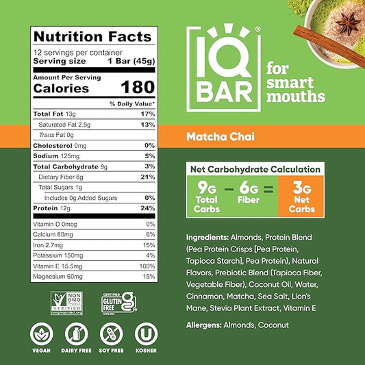 IQBAR Brain and Body Plant Protein Bars - Matcha Chai - 24-Count Low Carb - Gluten Free, High Fiber, Vegan Snacks - Low Sugar Meal Replacement