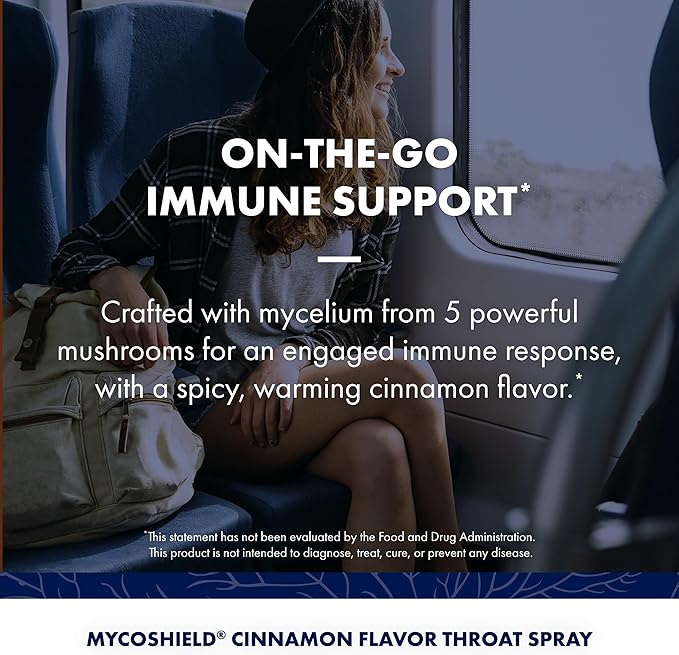 Host Defense MycoShield Throat Spray - Immune Health Support - Dietary Mushroom Supplement with Chaga, Reishi, Turkey Tail & More - On-The-Go Immune Support - Cinnamon Flavor, 2 fl oz (142 Servings)*