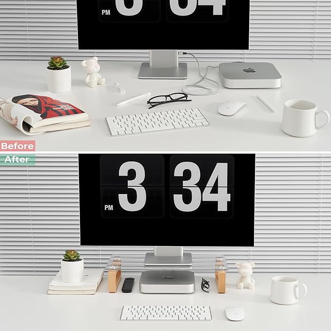 YEOUX Multi-Purpose Desktop Stand, Clear Floating Computer Monitor Riser with Natural Wood Base, Desk Organization Shelf for Printer, Laptop, Audio Device, Flat Screen