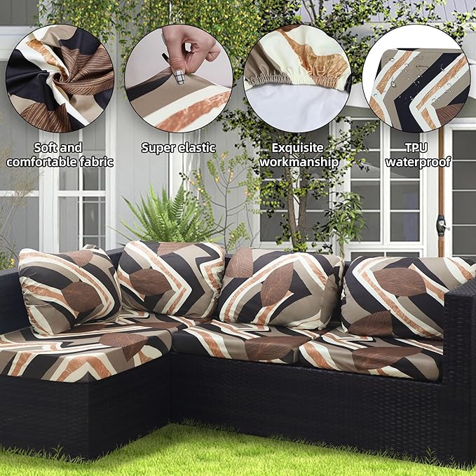 8Pcs Stretch Patio Cushion Covers Outdoor Cushion Cover, Jacquard Stretch Cushion Covers, Cover Replacement, Outdoor Sofa Covers, Washable Furniture Couch Cushion Cover (Orange Realm)