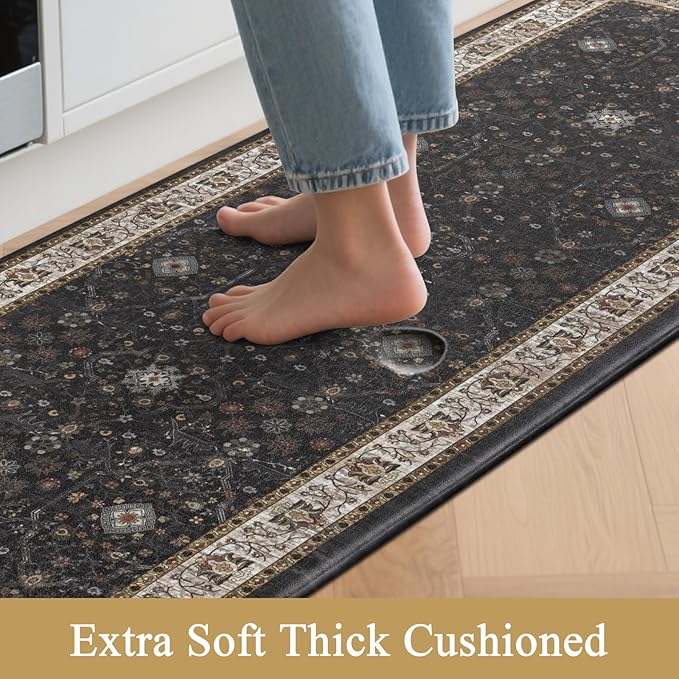 Pauwer Anti Fatigue Kitchen Mat Set of 3 Non Slip Kitchen Mats for Floor Cushioned Kitchen Rugs Comfort Standing Mat Farmhouse Waterproof PVC Foam Kitchen Floor Mat Runner, Black