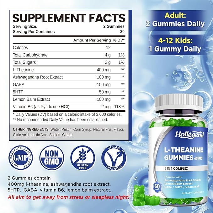 L-Theanine Gummies, l'theanine 400mg with Ashwagandha, GABA, 5HTP,L-Theanine Chewable Supplement for Relax, Zzz & Focus Support, Vegan, Lemon Flavor, 120 Counts