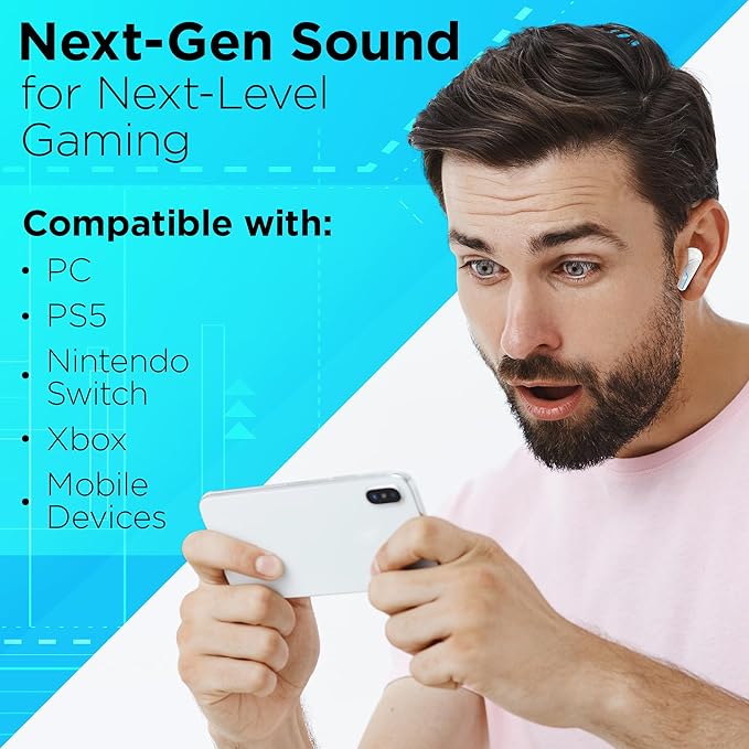 MyJoy Cool Wireless Earbuds, Wireless Gaming Earbuds, Bluetooth Gaming, Noise Cancelling Ear Buds, Noise Cancelling, White